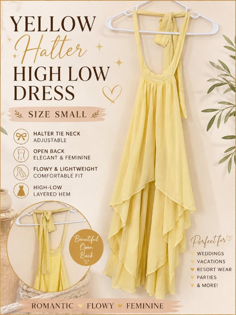 Yellow Halter High Low Dress Open Back Flowy Size Small